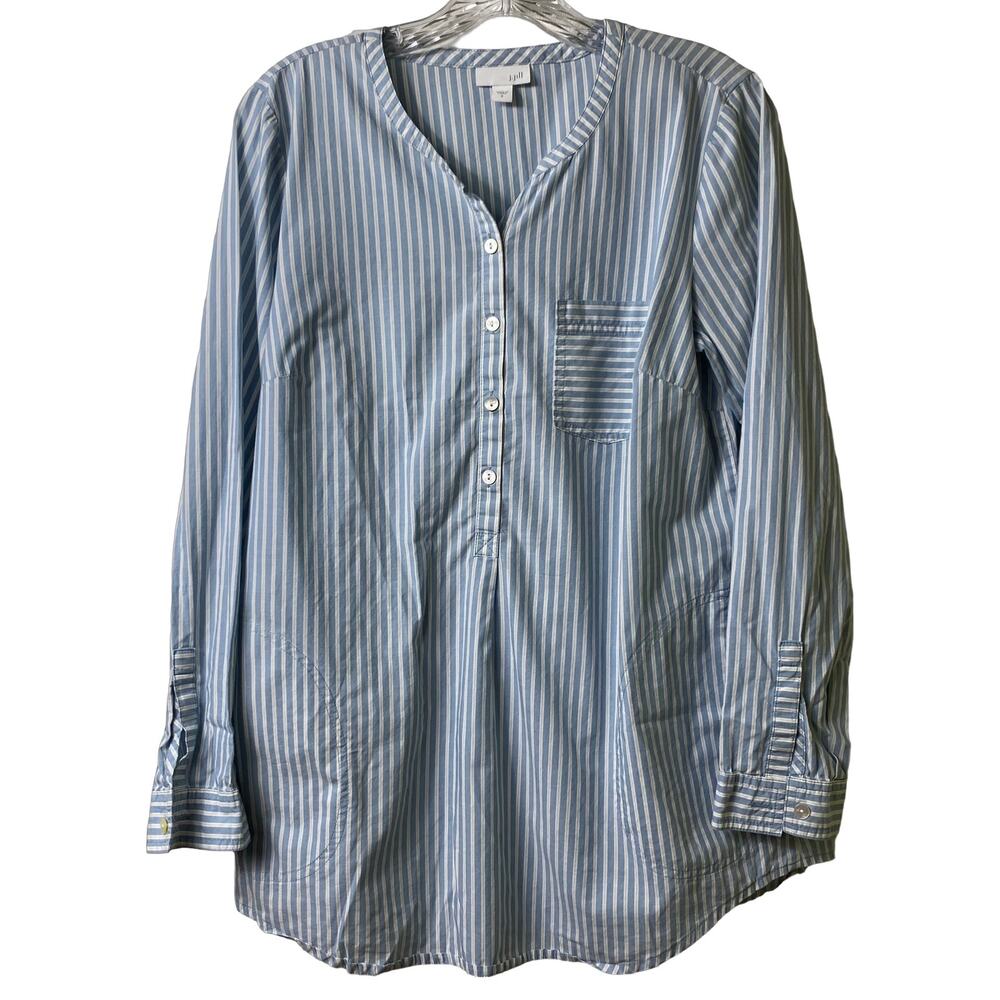 J. Jill Blue Striped Long Sleeve Popover Top With Pockets Sz‎ S (2452)